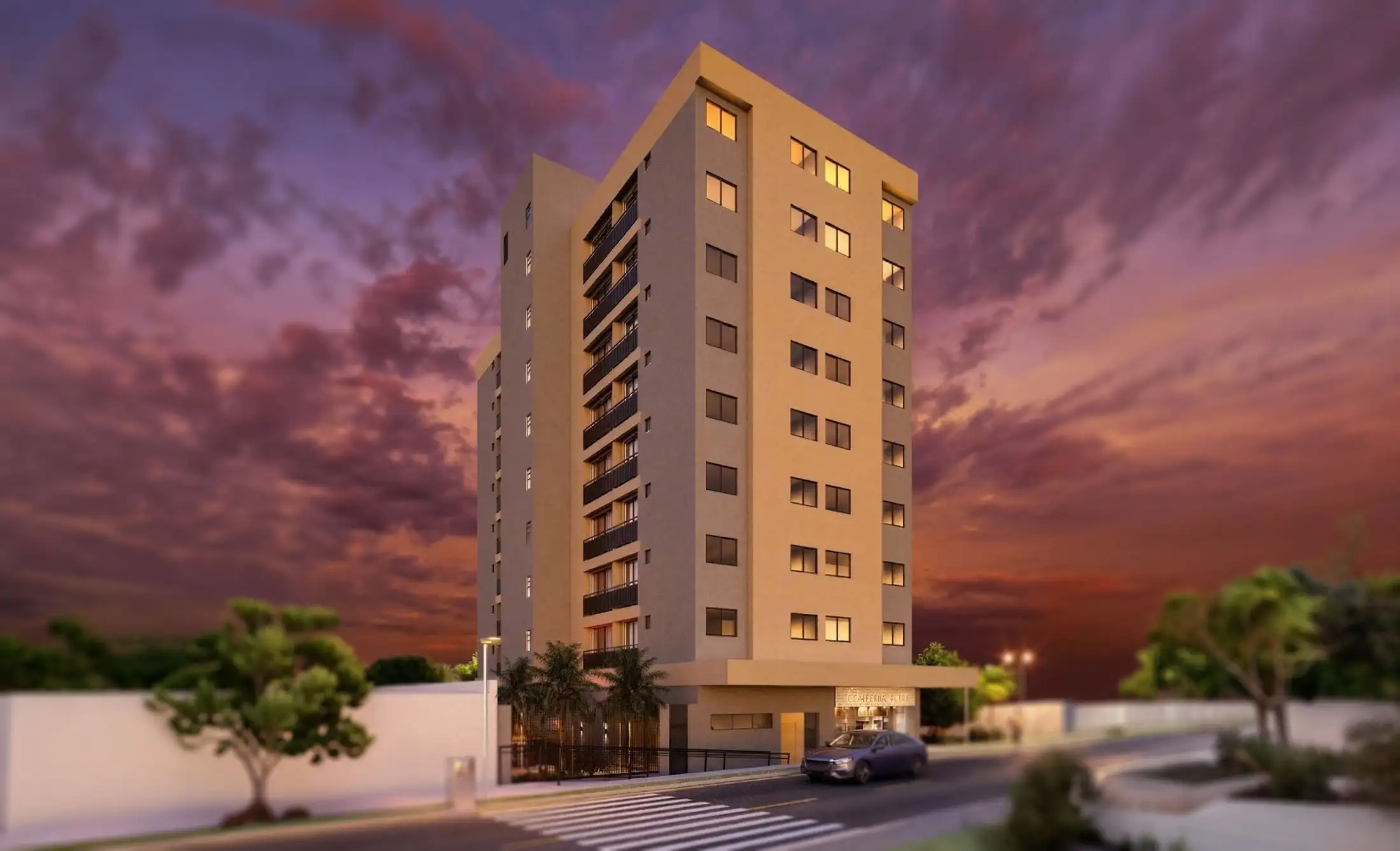 Vista frontal imponente do edifício Golden 604 ao entardecer